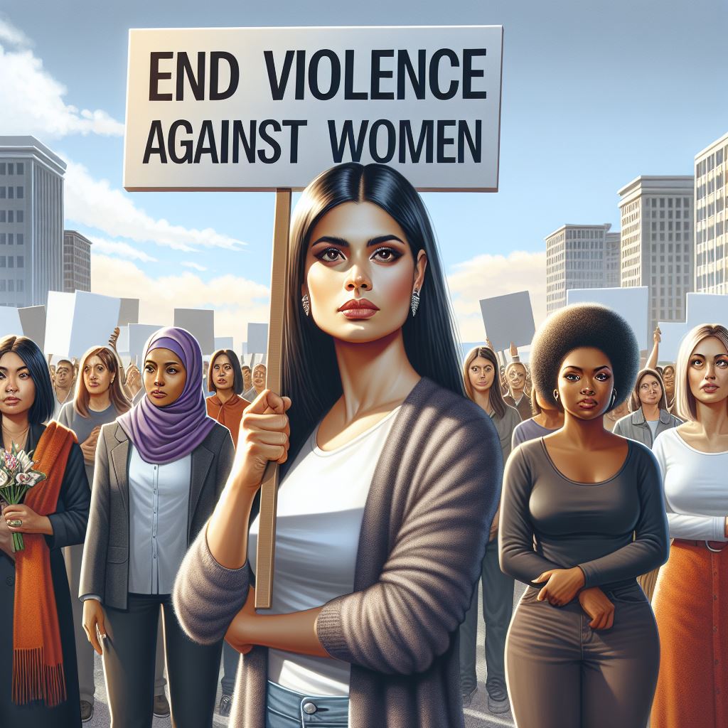 Bildet er generert med hjelp av KI. Bildet viser kvinner som demonstrerer avskaffelse av vold mot kvinner.