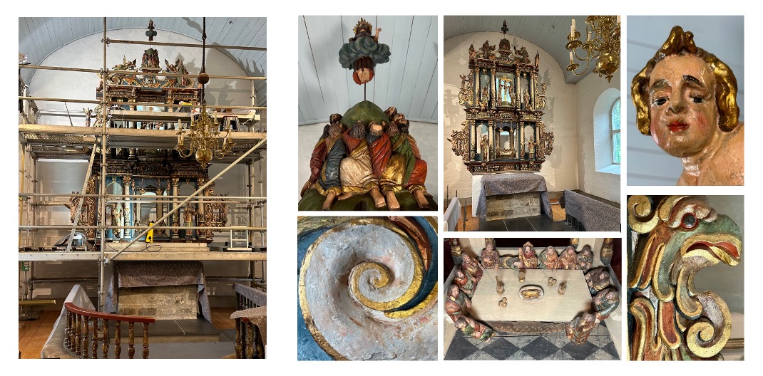 Kollasj av bilder av altertavla i Bodin kirke. Noen viser bilder før oppstart og noen under prosessen av arbeidet med bevaringen.