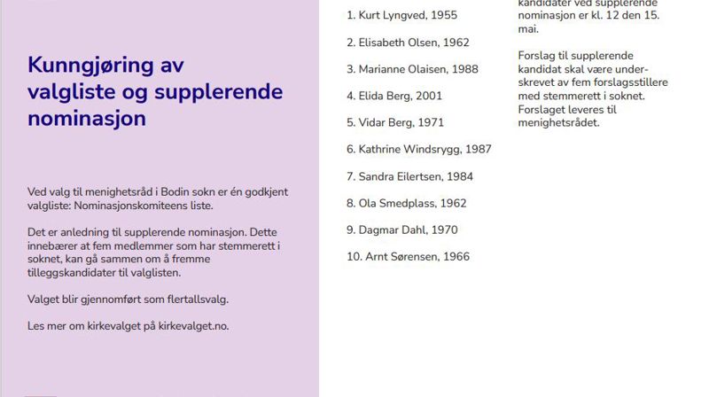 Kirkevalg 2023 - kunngjøring av valgliste og supplerende nominasjon i Bodin menighet