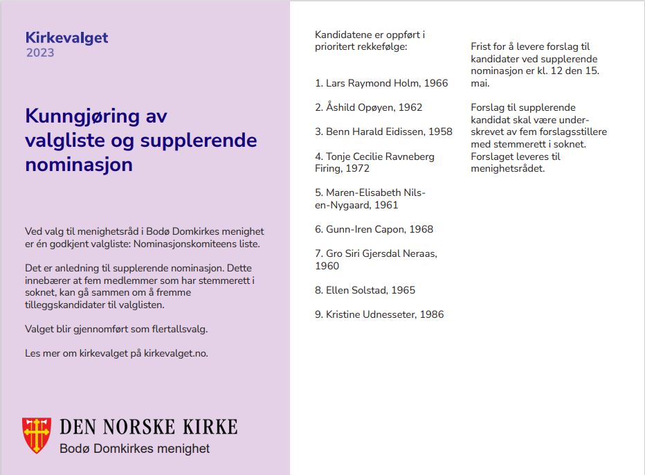 Kirkevalg 2023 - kunngjøring av valgliste og supplerende nominasjon i Bodø Domkirkes menighet