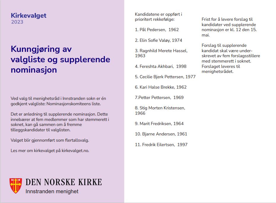 Kirkevalg 2023 - kunngjøring av valgliste og supplerende nominasjon i Innstranden menighet