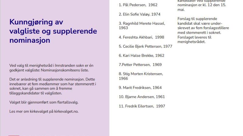 Kirkevalg 2023 - kunngjøring av valgliste og supplerende nominasjon i Innstranden menighet