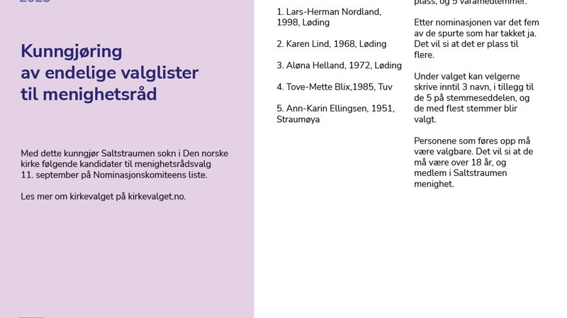 Endelig valgliste til Saltstraumen menighetsråd 2023