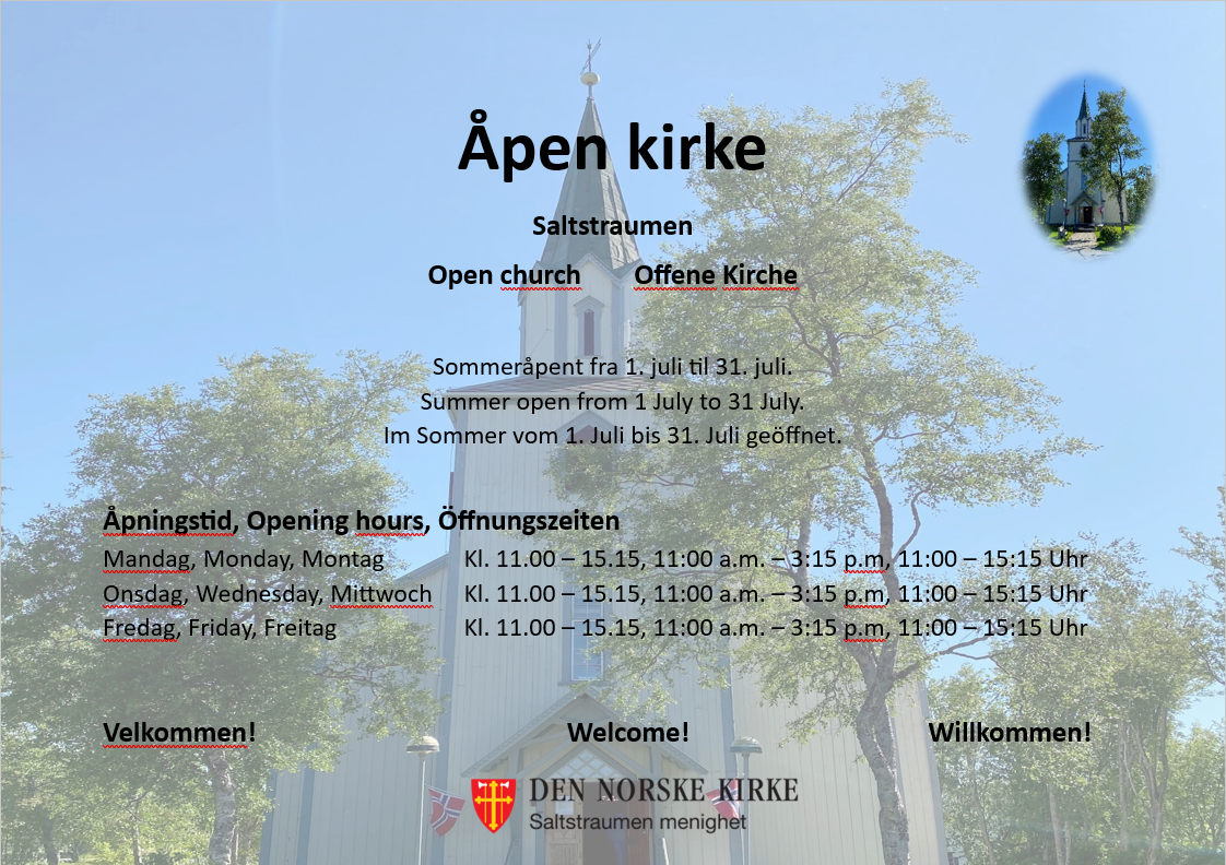 Informasjon fra plakat om sommeråpen kirke, Saltstraumen.