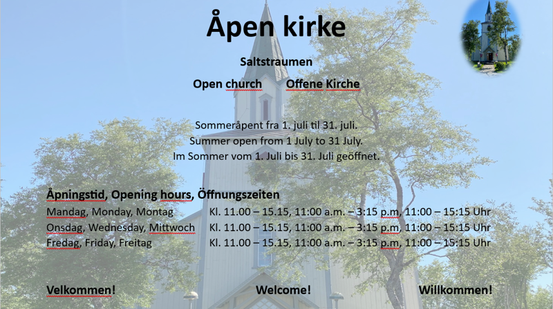 Informasjon fra plakat om sommeråpen kirke, Saltstraumen.