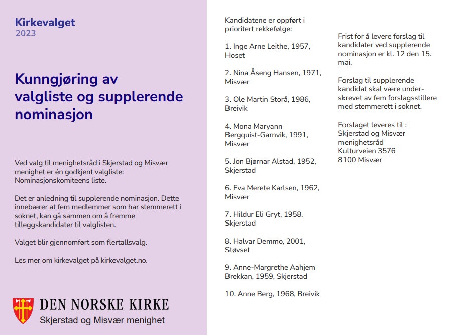 Kirkevalg 2023 - kunngjøring av valgliste og supplerende nominasjon i Skjerstad og Misvær menighet