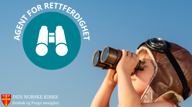 Bilde av barn med kikkert, og "Agent for rettferdighet"-logo, med kikkert. 