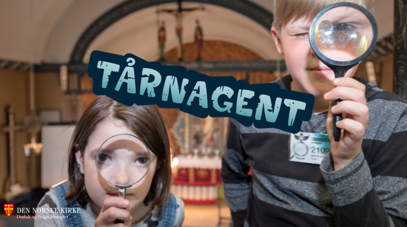 Bilde av to barn med forstørrelsesglass, en jente til venstre og en gutt til høyre. Midt på bildet er en logo med teksten "Tårnagent".