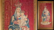 Teppe broderi i Bakkebø kirke av Maria og Jesus. Foto: Ivar Barane