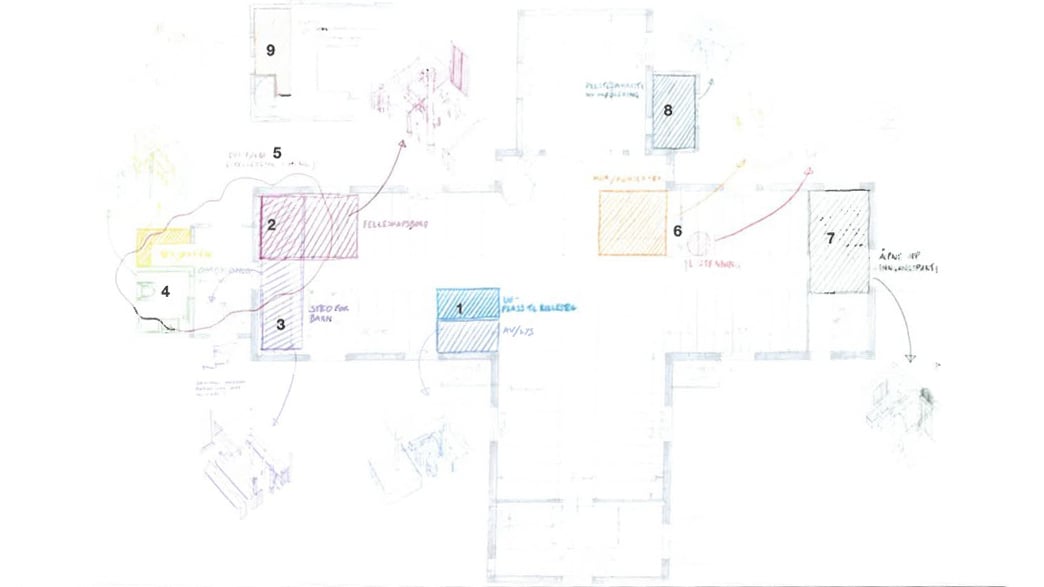 Skisse fra Schjelderup & Gram fra mulighetsstudien av Egersund kirke. 