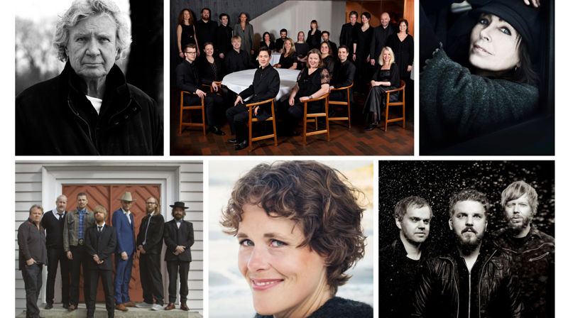 Medvirkende artister f.v. med klokken: Benny Borg (foto: Asbjørn Ribe), Det norske solistkor (foto: Bjørn Bertheussen), Anita Skorgan (foto: Strømmen Storsenter), Onkel Tuka (foto: Les Lee Havers), Marianne Beate Kielland (foto: Lena Lahti), Oddgeir Berg Trio (foto: CF-WESENBERG)