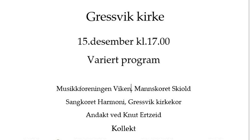 Julekonsert i Gressvik kirke 15 desember kl. 17.00