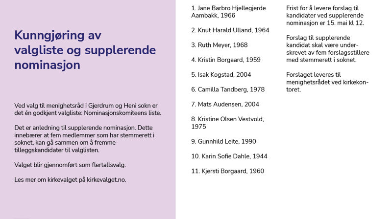 Kunngjøring av supplerende nominasjon