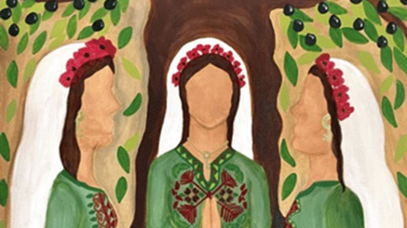 “Palestinske kvinner i bønn” ved Halima Aziz  Kunstverket er laget til ære for Verdens bønnedag. Gjennom sitt verk fremstiller kunstneren tre palestinske kvinner som ber sammen på et fredelig sted ute i naturen. Kunstneren har tatt i bruk ulike motiver og symboler. Alle uttrykker de kvinnenes opphav og deres samhold. 