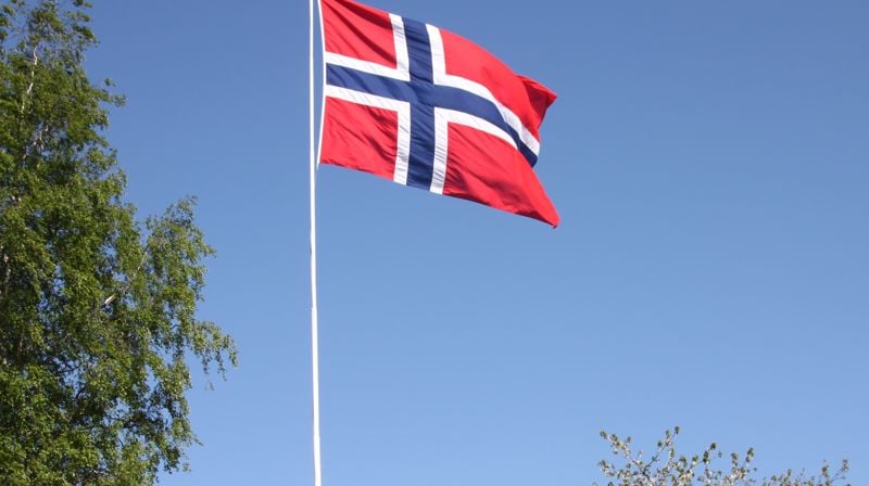 Det norske flagget vaier i vinden omkranset av bjørk og morell i vårblomstring. Foto: Kirken i Gran, Inger S. Haug.