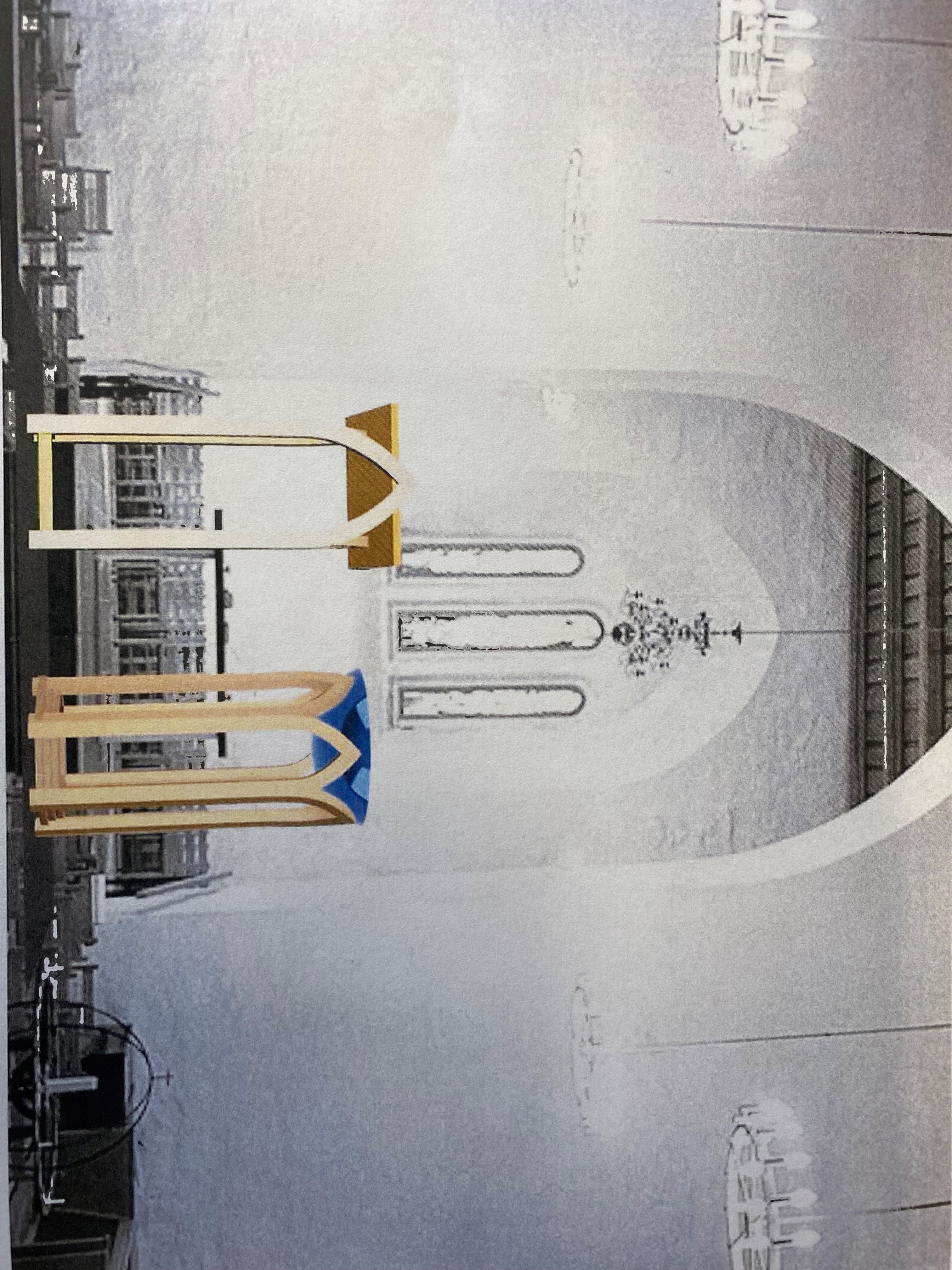 Illustrasjon av den planlagte døpefonten og lesepulten i kirkerommet (bilde: Kirken i Gran 2023). 