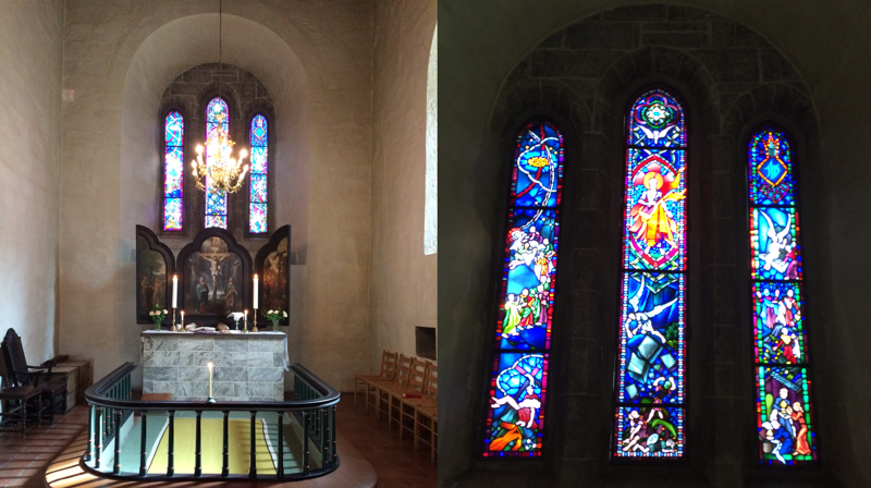 Nikolaikirken med alter og glassmalerier. (Foto: Kirken i Gran). 