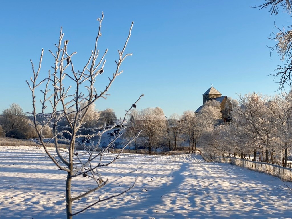 Nikolaikirken sett fra Pilgutua en novemberdag med nysnø (foto: Therese Wagle Bazard 2024). 