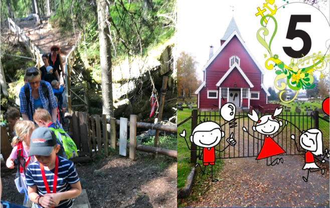 Pilegrimsvandring med 5-åringene er et eksempel på et trosopplæringstiltak i Kirken i Gran. (Foto og montasje: Line C. Børresen). 