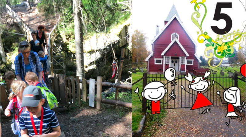 Pilegrimsvandring med 5-åringene er et eksempel på et trosopplæringstiltak i Kirken i Gran. (Foto og montasje: Line C. Børresen).