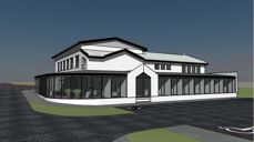 Hareid bedehus er gitt som gåve til Hareid sokn for å kunne nyttast som kyrkjelydshus. Teikninga viser eit forslag til kontorfløy til kyrkjekontoret, slik det kan bli sjåande ut. Illustrasjon: Bucci v/Georg Grimstad