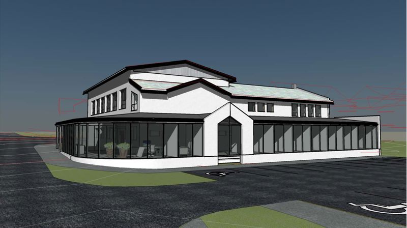 Hareid bedehus er gitt som gåve til Hareid sokn for å kunne nyttast som kyrkjelydshus. Teikninga viser påbyggd kontorfløy til kyrkjekontoret. Illustrasjon: Bucci v/Georg Grimstad