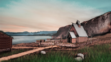 Illustrasjon av stavkyrkja og forhistorisk bautastein. Bautasteinen stend framleis på kyrkjegarden. Teikning av kyrkja og landskap: Arnfinn Mork-Stordal.