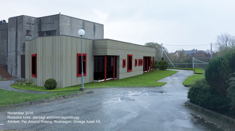 Fotomontasje: Ny del foran dagens kirkestue.