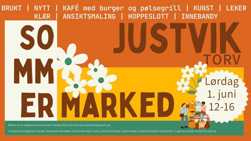 Sommermarked på Justvik torg lørdag 1. juni kl. 12-16