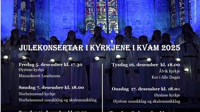 Oversikt over alle julekonsertar i kyrkjene i Kvam 2025
