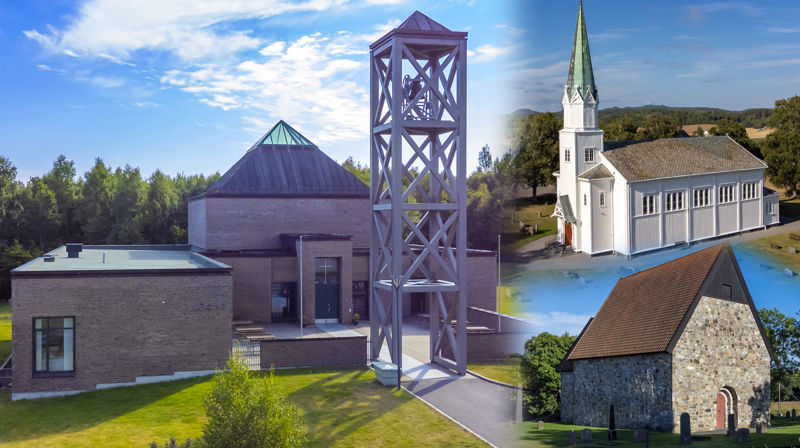 Berg arbeidskirke, Berg kirke (trekirken) og Berg gamle kirke (stenkirken). Fotomontasje: Fred Isaksen