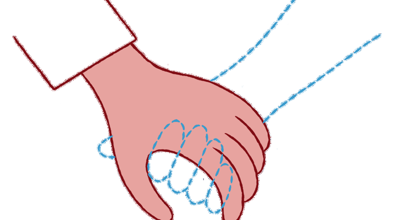 Illustrasjon av Stina Löfgren. Hender hånd i hånd, der den ene hånden har blitt nesten usynlig.