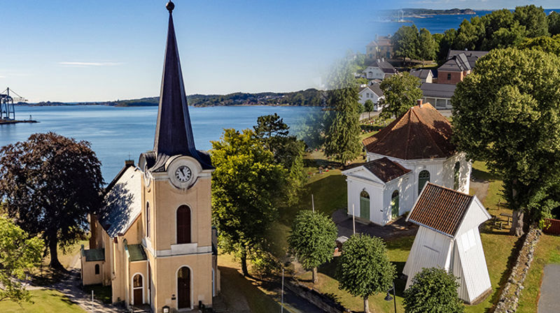 Larvik kirke og Langestrand kirke er de to kirkene i Larvik menighet. Fotomontasje: Fred Isaksen