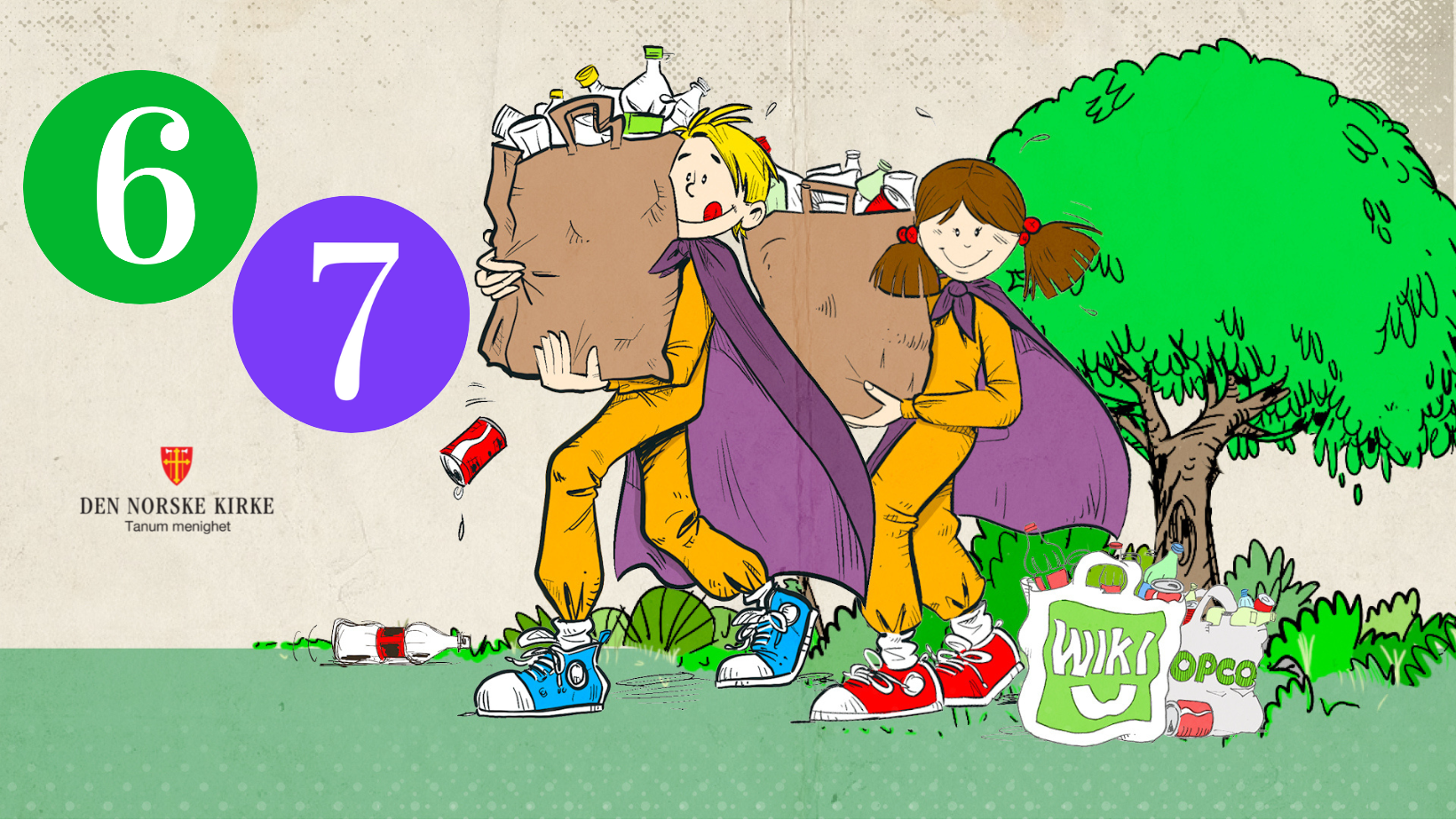 To superhelter med tomflasker i poser, samt vår logo. Tema for superhelltene (vårt trosopplæringstiltak for 6-7-åringer) er pant og plant, fastetid og påske.