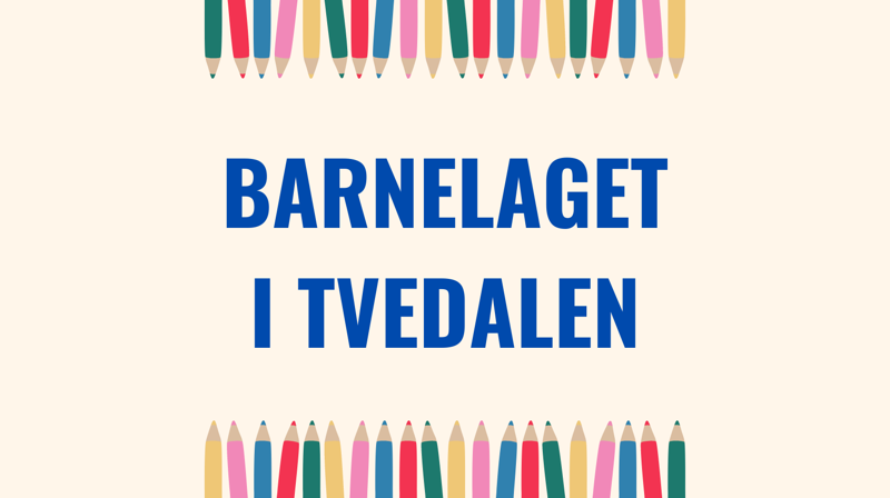Fargestifter som bord over og under logo i blå skrift: "Barnelaget i Tvedalen".