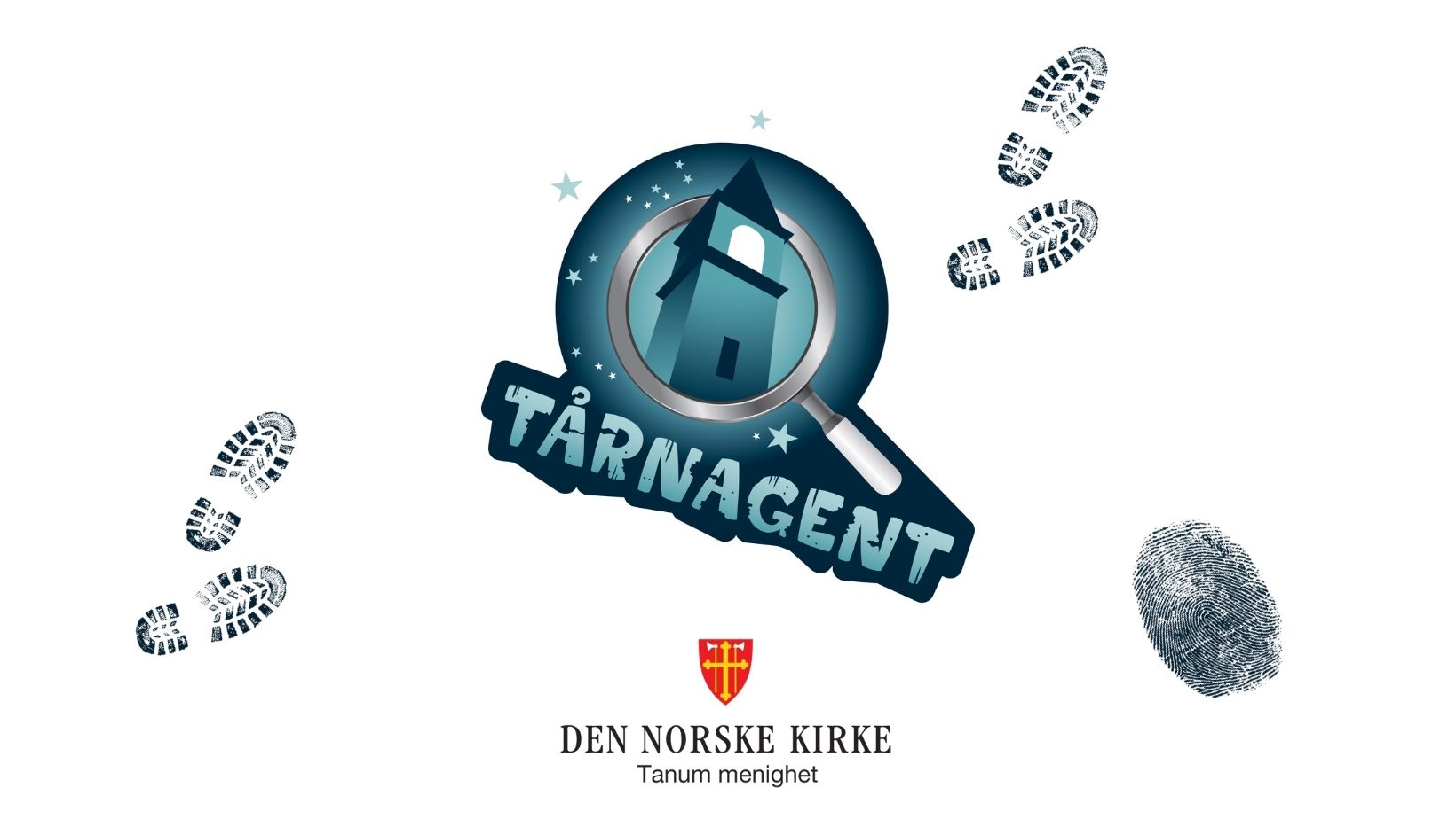 Logo for tårnagentene med menighetslogo under. Fotavtrykk og fingeravtrykk dekorerer rundt.
