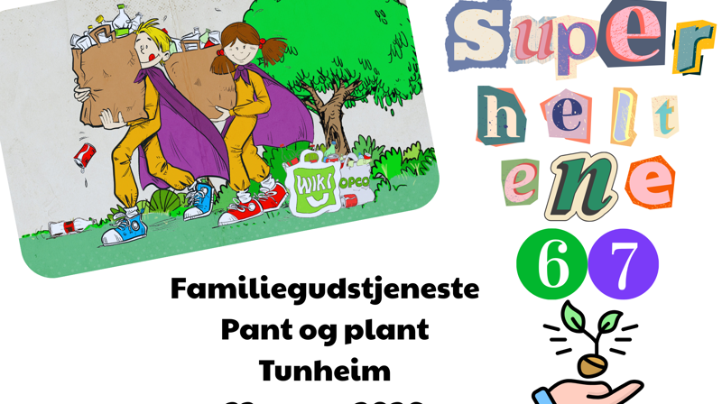 To superhelter som panter og pei hånd med et frø som spirer, samt logo for superheltene og "6"- og "7"-tall. .