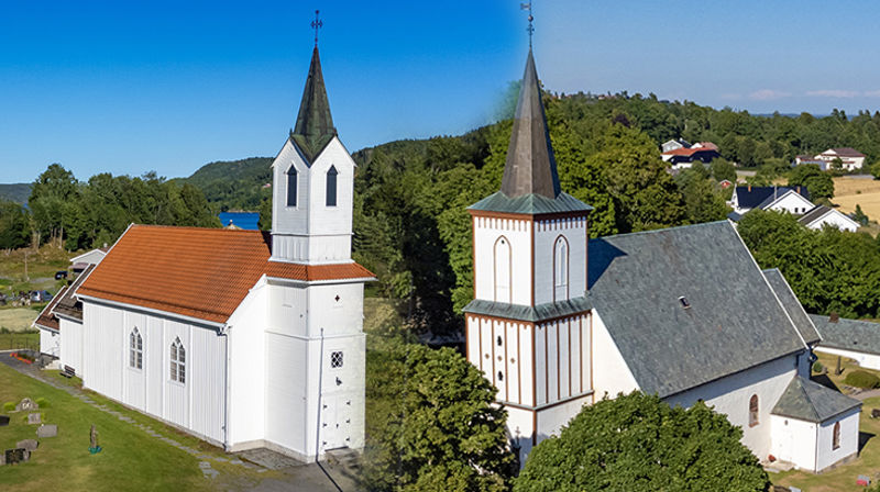 Kjose kirke og Tanum kirke. Fotomontasje: Fred Isaksen