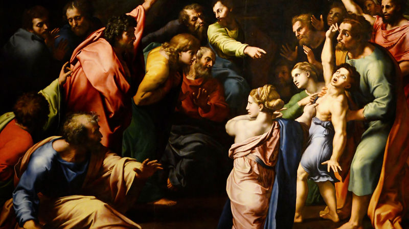 Utsnitt av Rafael sitt verk: "Herrens forklarelse", som avbilder søndagens evangelietekst, Raphael, CC BY-SA 4.0 <https://creativecommons.org/licenses/by-sa/4.0>, via Wikimedia Commons