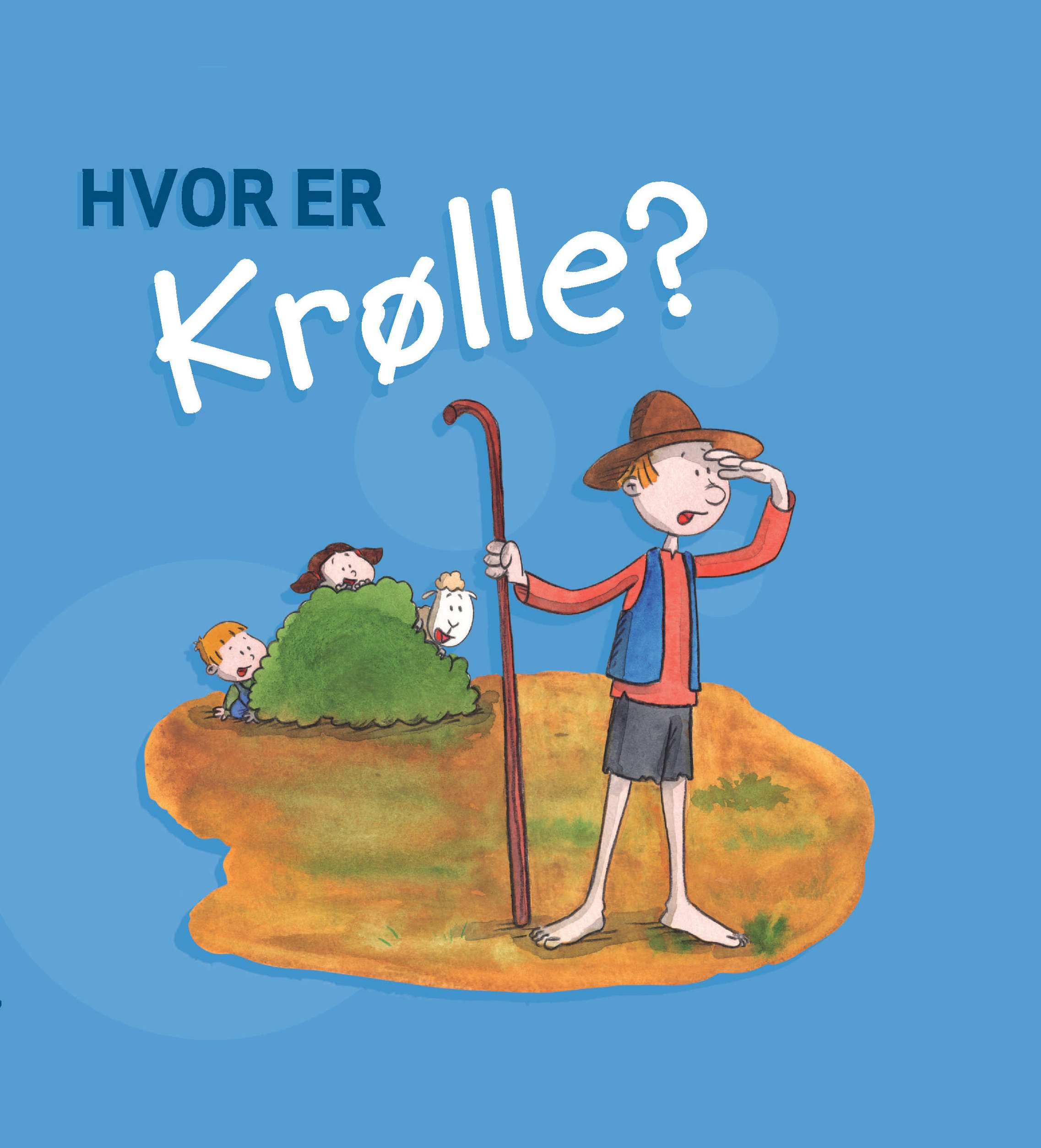 Tegning av en gjeter i front. I bakgrunnen gjemmer to barn og en sau seg bak en busk.