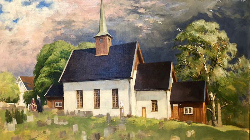 Slik så Tore Sakshaug Nesodden kirke, for snart tretti år siden – og slik kom maleriet «hjem»
