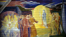 Måltidet er over og disiplene er på vei ut for å følge Jesus til Getsemane. Detalj fra takmaleriet malt av Hugo Lous Mohr i Oslo domkirke. Foto: Petter Mohn.