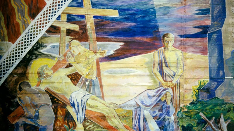 Jesus tas ned fra korset. Detalj fra takmaleriet malt av Hugo Lous Mohr i Oslo domkirke. Foto: Petter Mohn