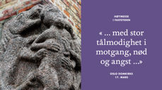 På hjørnet av hovedtårnet sitter Oslo-djevelen. Det er løver og drager som angriper et menneske. Steinen er fra ca. 1100 og ble funnet i gamlebyen. Den er antakelig fra St. Halvardskirken. Foto: Munch design