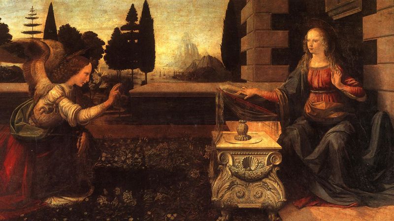 Leonardo da Vinci 1472 Bebudelsen, Milano, italia. Uffizigalleriet i Firenze. 