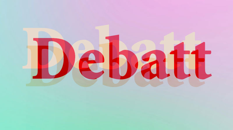 Debatt skrevet med røde store bokstaver og beige bokstaver bak de røde. Bakgrunnen er grønn fadet til lilla.