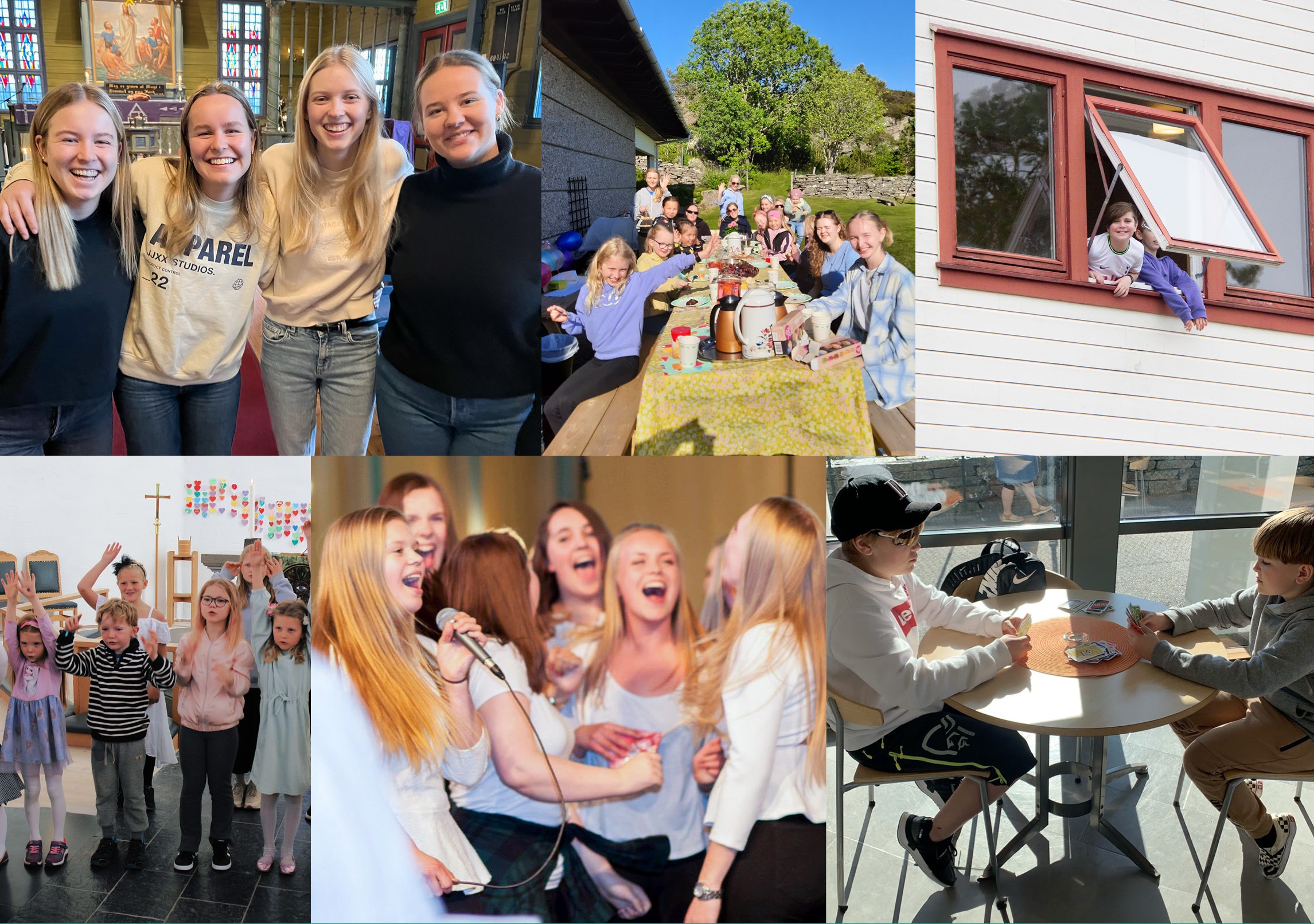 En collage med seks bilder med barn og ungdom som er med  på aktiviteter og smiler