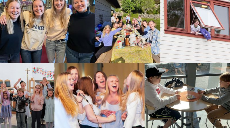 En collage med seks bilder med barn og ungdom som er med  på aktiviteter og smiler