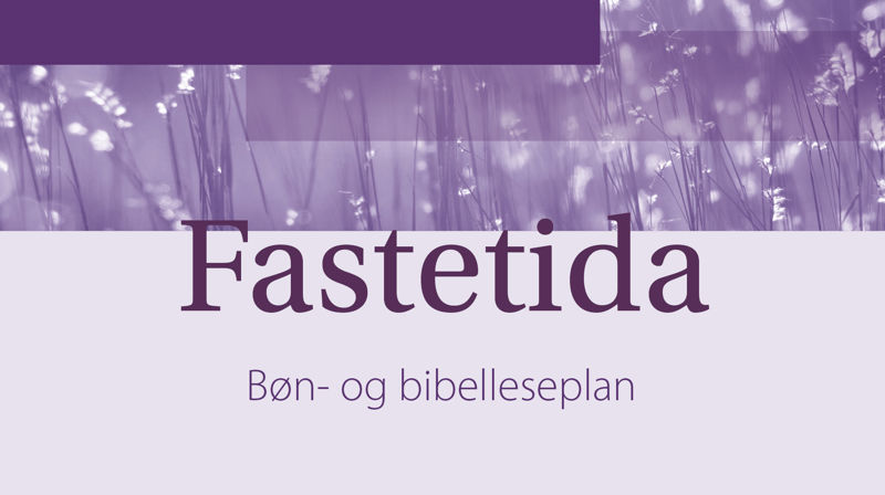 Lilla skrift medteksten Fastetida Bøn- og bibelleseplan. På lilla bakgrunn med lilla bokser, en boks med foto av lilla strå.