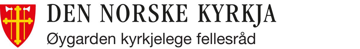 Logo til den norske kyrkja - Øygarden kyrkjelege fellesråd. Til venstre er et rødt våpenskjold med gult kors og to økser